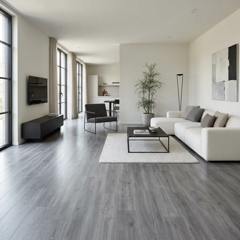 Modern open-plan living room featuring grey wood-look laminate flooring, a white sectional sofa, and floor-to-ceiling windows.