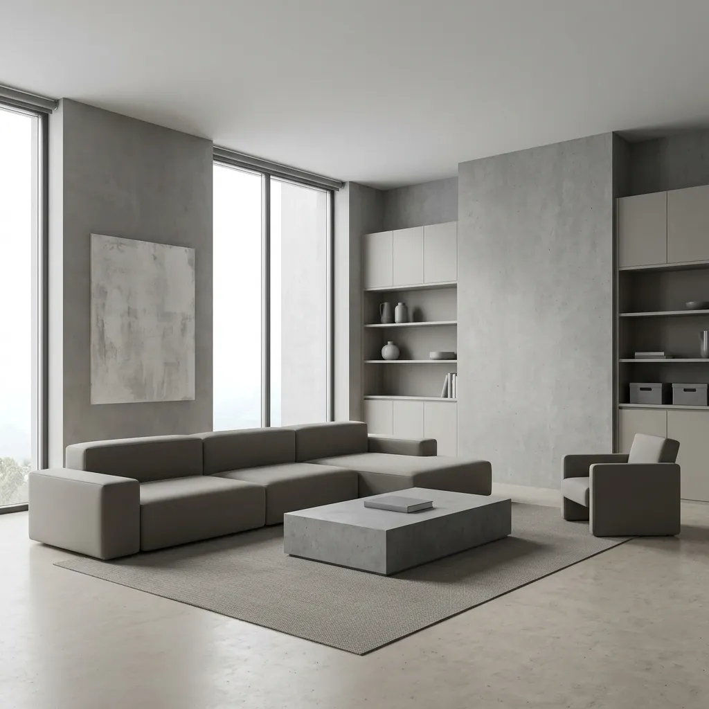 Minimalist monochromatic grey living room with a low sectional sofa, rectangular coffee table, and built-in shelving.
