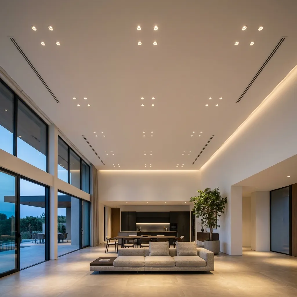 Spacious open-concept modern living room with high ceilings, recessed spotlighting, floor-to-ceiling glass doors, and a low-profile sectional sofa.