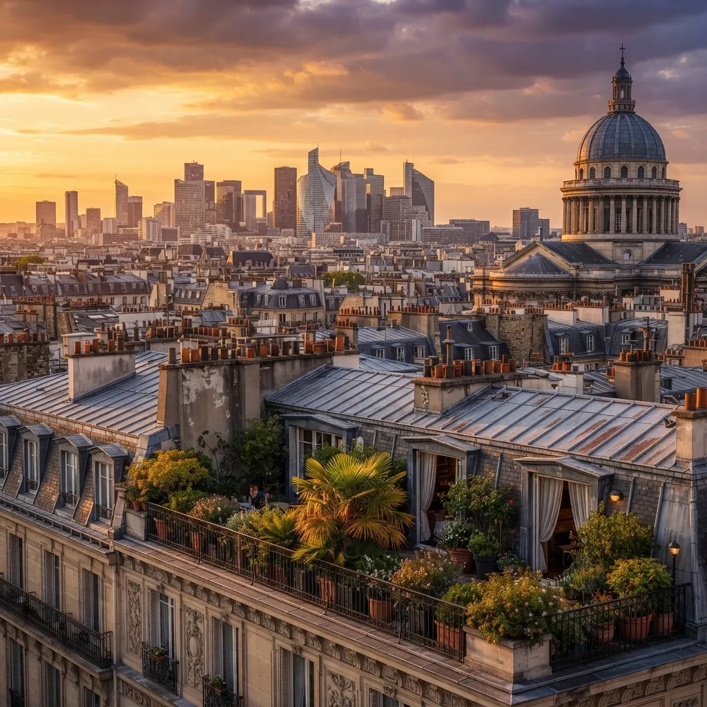 A high-angle sunset view over Parisian rooftops with traditional chimney pots, a building balcony lush with green plants and flowers, and a large domed building and distant modern skyscrapers under a warm golden sky.