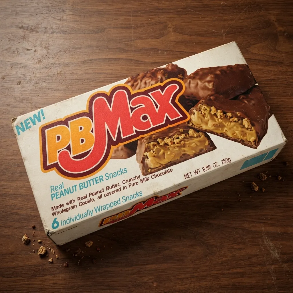 A vintage box of PB Max peanut butter snacks resting on a wooden tabletop with scattered crumbs.