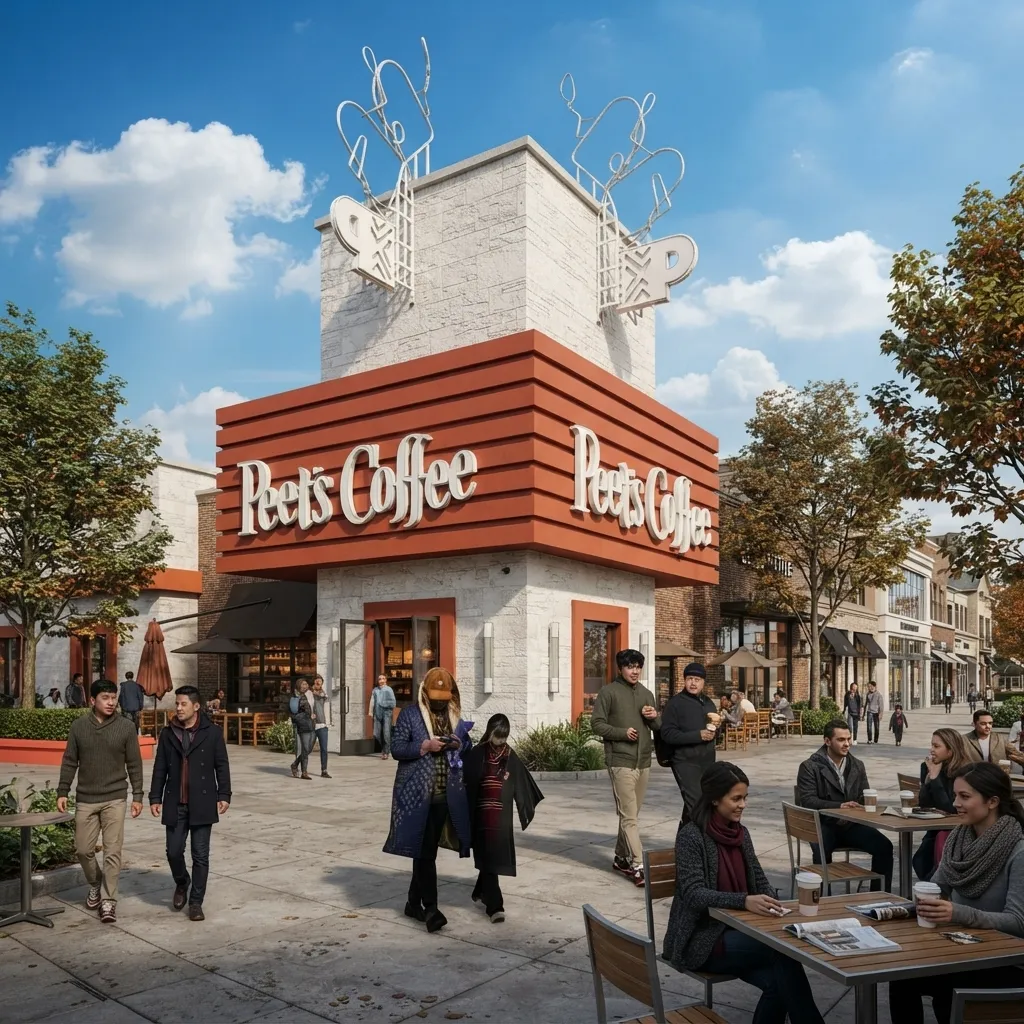 Exterior of a Peet's Coffee shop featuring outdoor patio seating with customers enjoying coffee, large coffee cup sculptures on the roof, and a clear blue sky