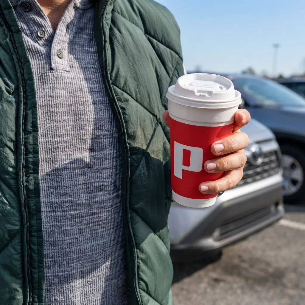 A person wearing a green quilted vest and grey textured shirt holding a red and white Peet's Coffee cup with a plastic lid outdoors near a car