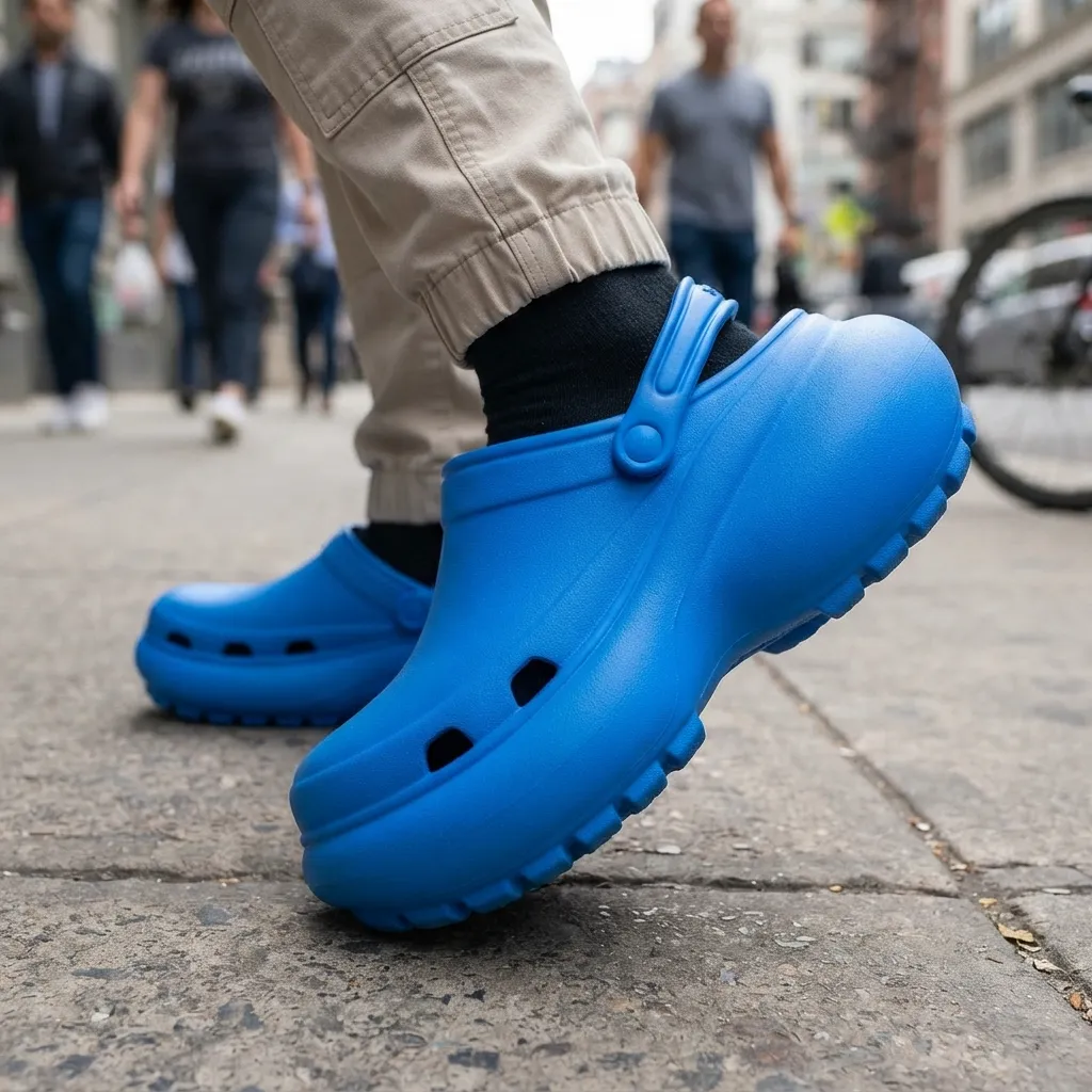 Close-up of a person walking on a city sidewalk wearing bright blue chunky foam clogs and khaki pants.