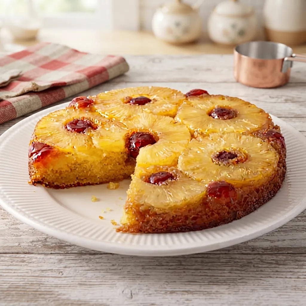 Pineapple upside-down cake topped with caramelized pineapple rings and maraschino cherries with a slice removed