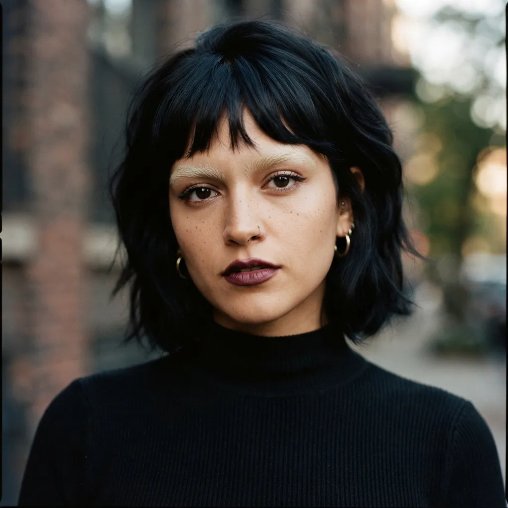 Close-up portrait of a woman with dark wavy hair, a black turtleneck, and striking bleached eyebrows.