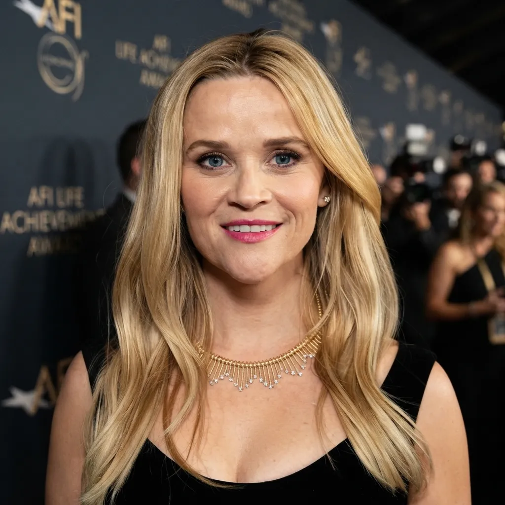 Reese Witherspoon smiling on a black carpet at an AFI tribute event, wearing a black dress and a gold diamond necklace