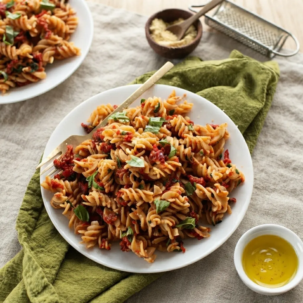 A white plate of rotini pasta tossed in a rich tomato sauce and garnished with fresh basil leaves, with a bowl of olive oil and a grater nearby.