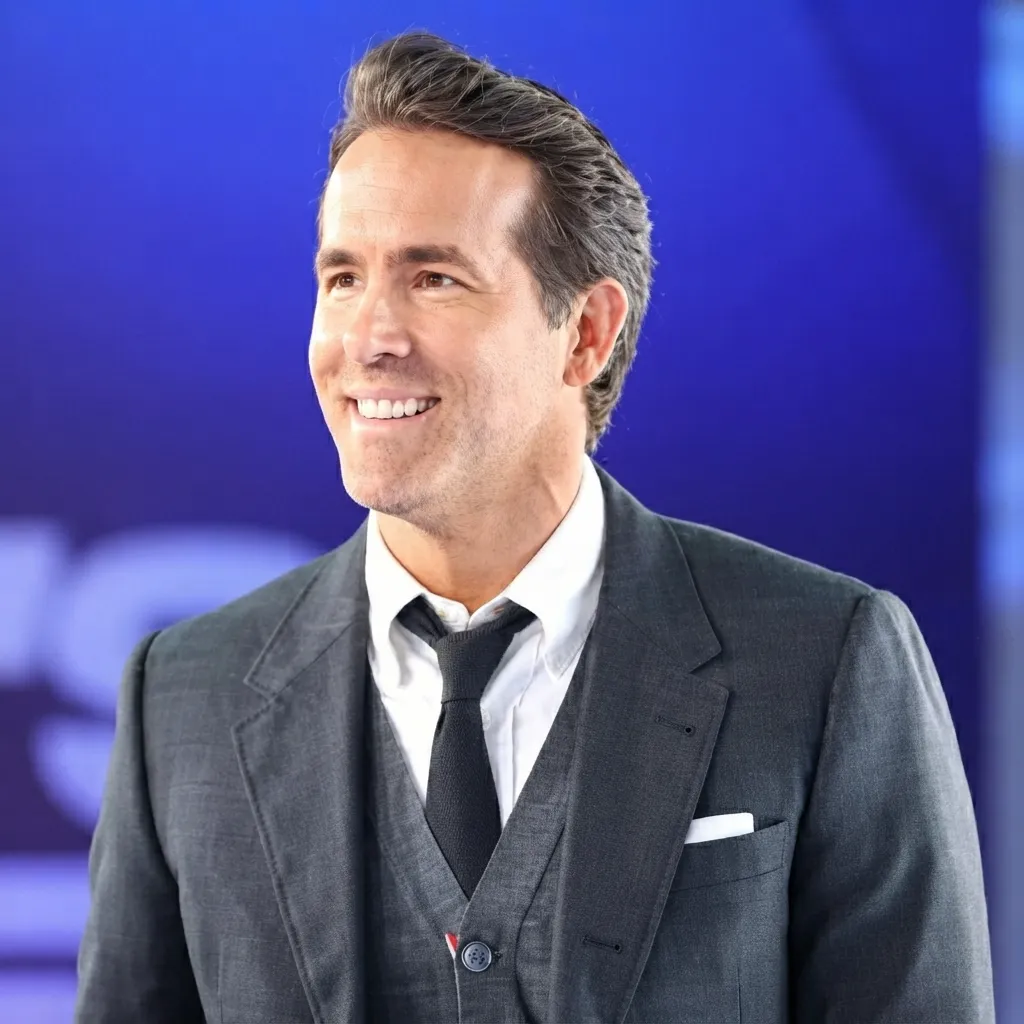 Portrait of Ryan Reynolds smiling while wearing a grey suit, white shirt, and black tie against a blue backdrop
