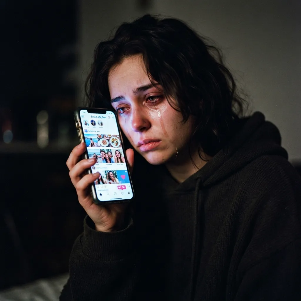 Close-up of a tearful young woman looking down sadly at a smartphone displaying a social media feed in a dark room.