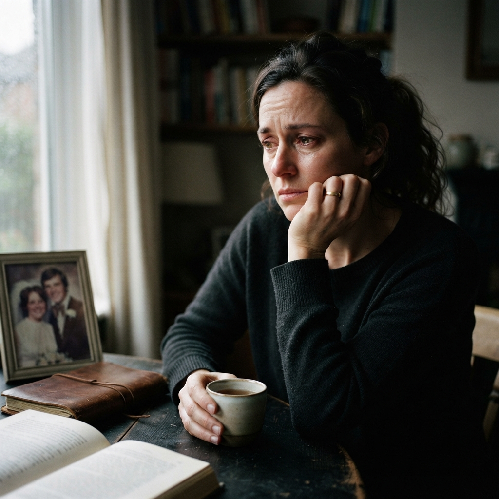 A sad woman holding a mug of tea and looking reflectively out a window next to a vintage framed photograph and an open book