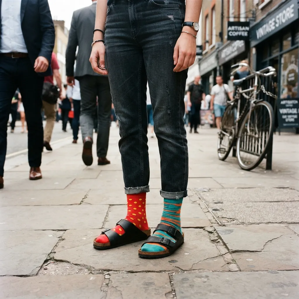 Person standing on a city street wearing dark denim jeans, black double-strap sandals, and mismatched colorful patterned socks (one red with yellow polka dots, the other striped).