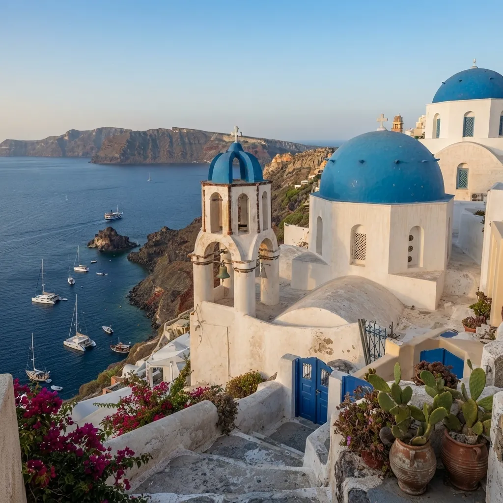 A picturesque coastal view in Santorini, Greece, showcasing white buildings with iconic blue-domed churches, stone staircases decorated with pink bougainvillea and potted cacti, and boats docked in the blue sea below.