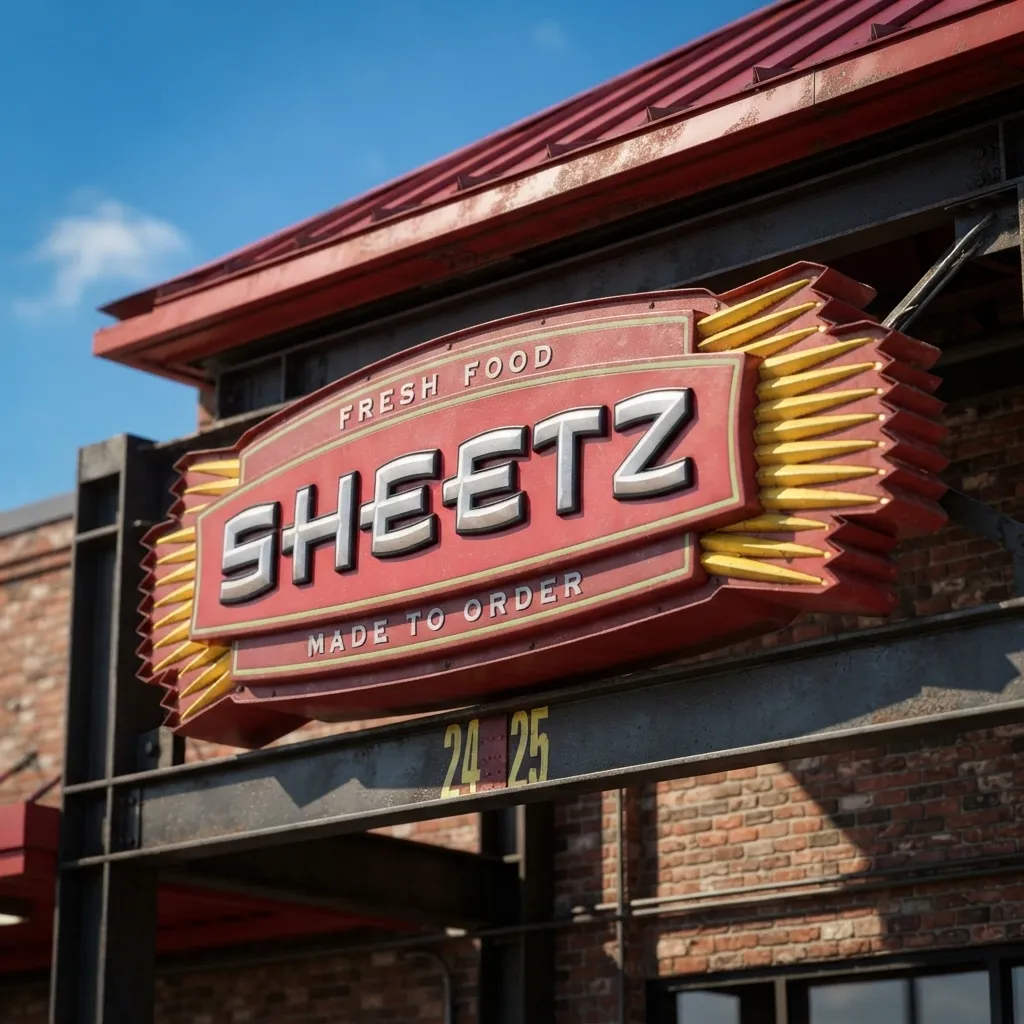 A vintage neon and metal Sheetz sign reading Fresh Food Made to Order, mounted on a brick and steel building facade under a blue sky