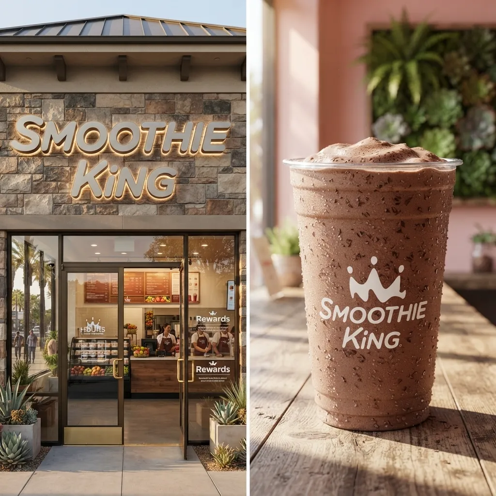 A side-by-side view of a Smoothie King storefront with stone exterior walls and a close-up of a chocolate smoothie in a plastic cup with the Smoothie King logo