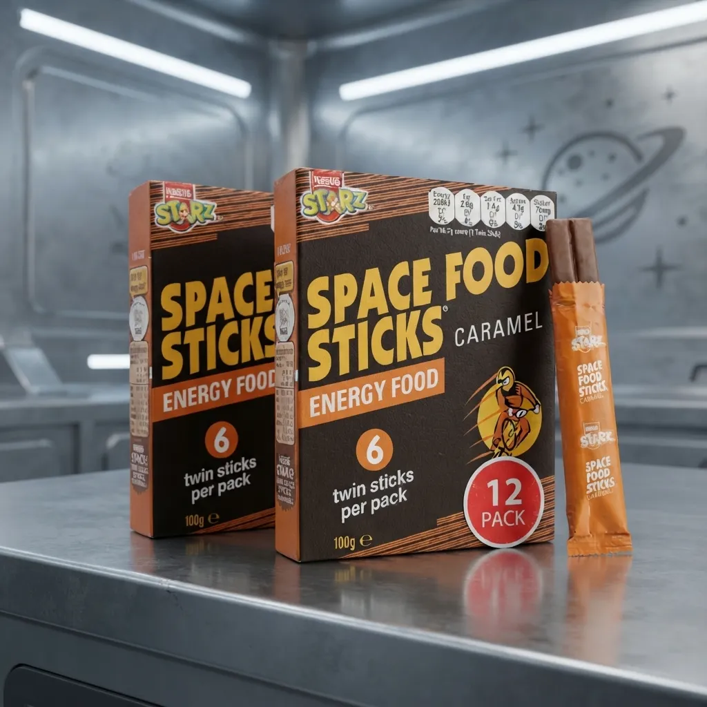 Space Food Sticks caramel energy food boxes and individual wrapper in a futuristic setting.