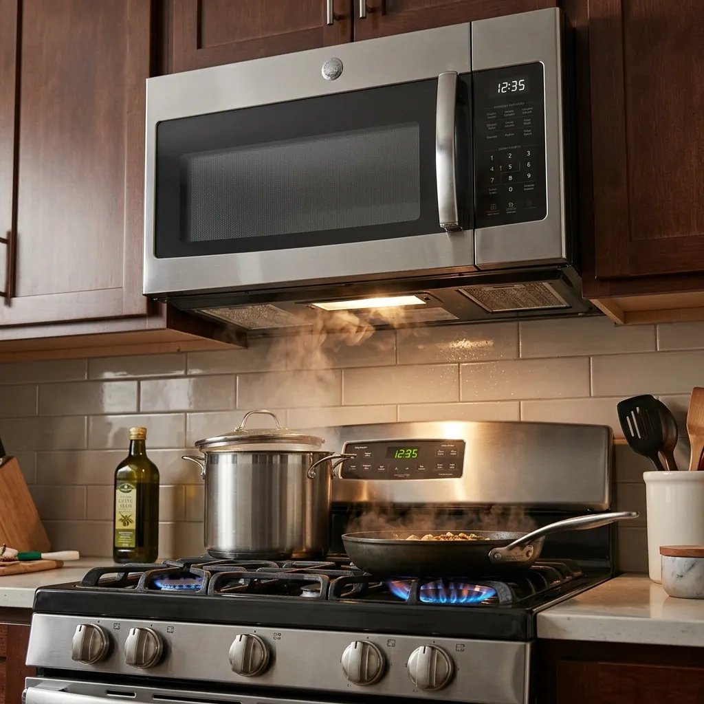 Stainless steel over-the-range microwave vent hood above a gas stove with steaming pots cooking on the burners.