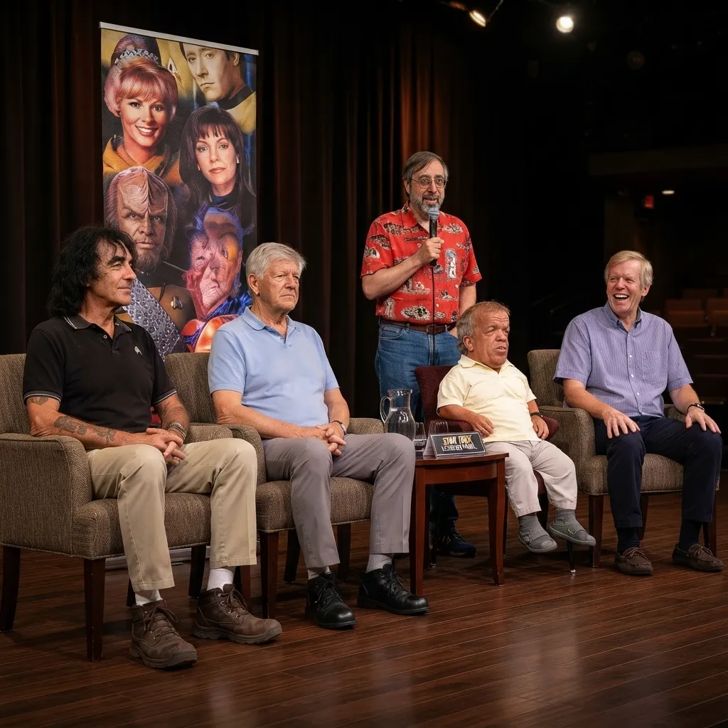 A panel of people sitting on chairs on a stage with a Star Trek-themed banner in the background, while a person stands at a microphone to speak.