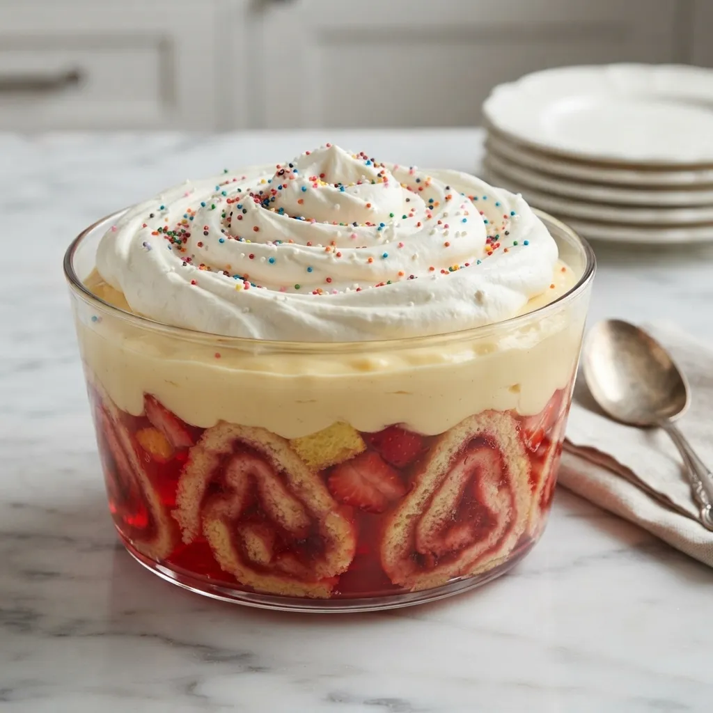 Classic English trifle in a glass bowl layered with jelly, roll cake slices, custard, whipped cream, and sprinkles
