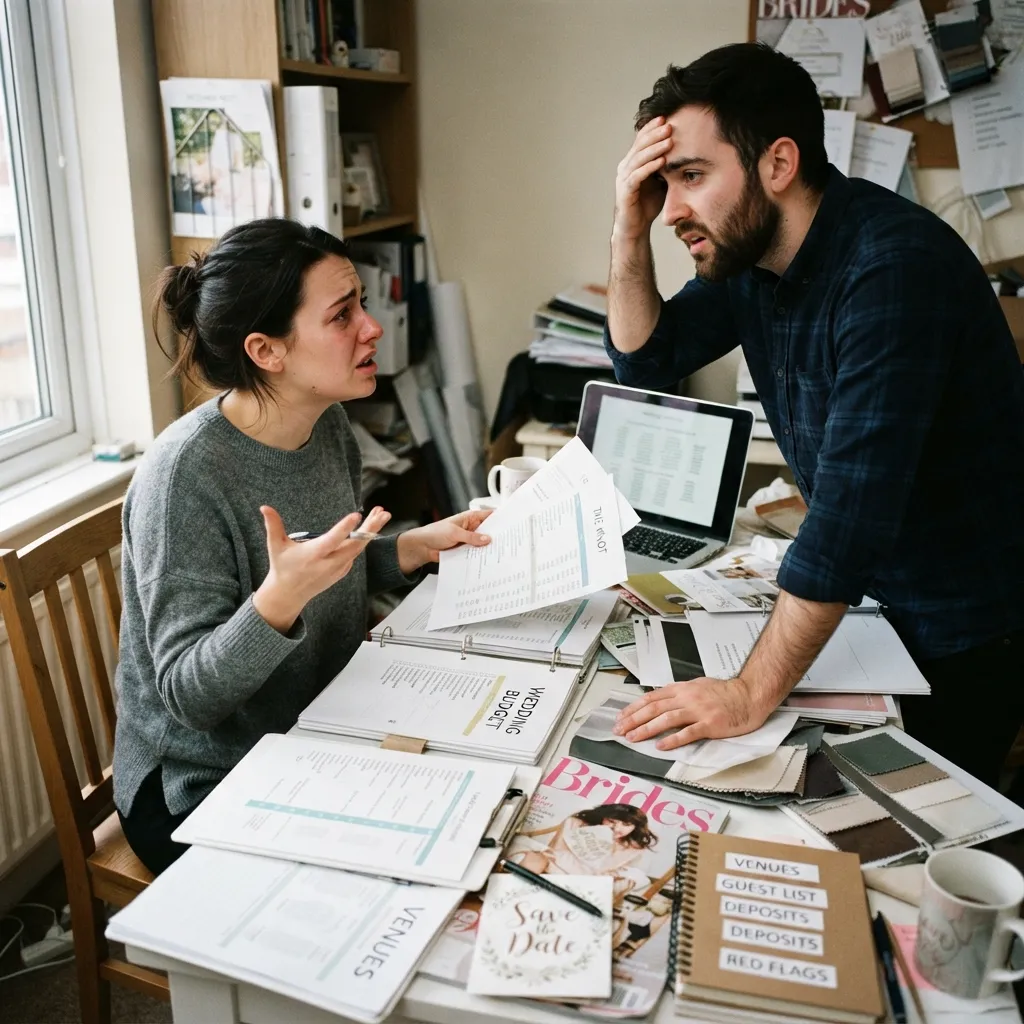 A stressed couple arguing and overwhelmed by wedding planning documents, budgets, and a laptop spread across a cluttered table