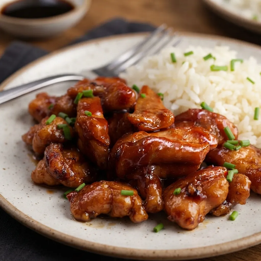 A plate of sweet and sour glazed chicken chunks topped with chopped chives, served alongside a side of white rice and a small bowl of dipping sauce.