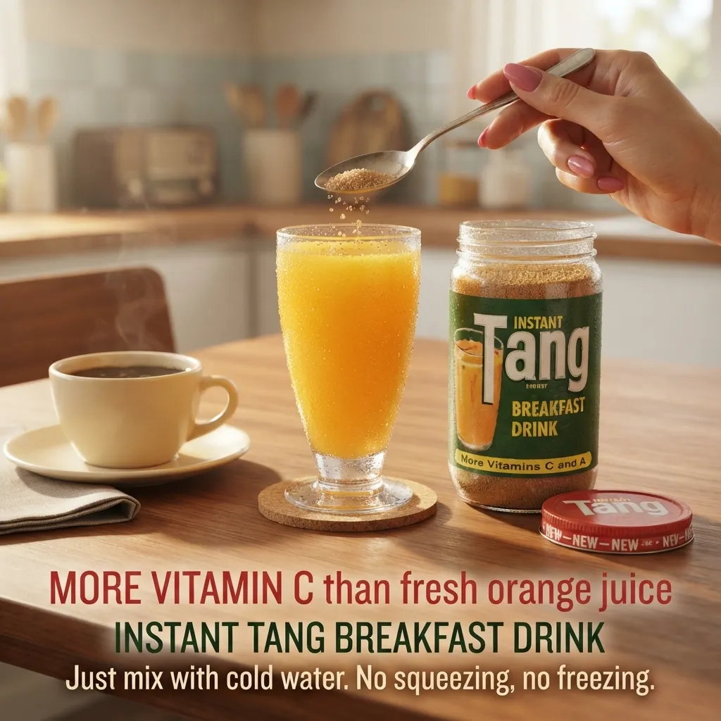A hand pouring sugar from a spoon into a tall glass of orange juice next to an Instant Tang Breakfast Drink jar and a cup of coffee on a wooden table.