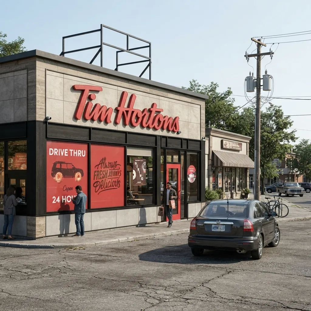 Exterior street view of a modern Tim Hortons restaurant with a drive-thru, customers walking nearby, and parked cars under a clear sky