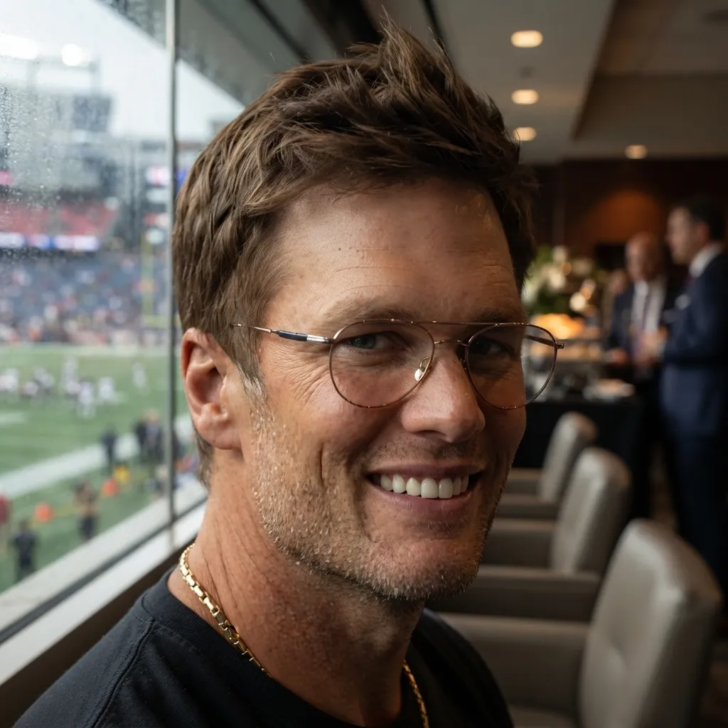 Tom Brady smiling in a stadium suite while wearing wire-rimmed glasses and a black t-shirt with a football field visible through the window