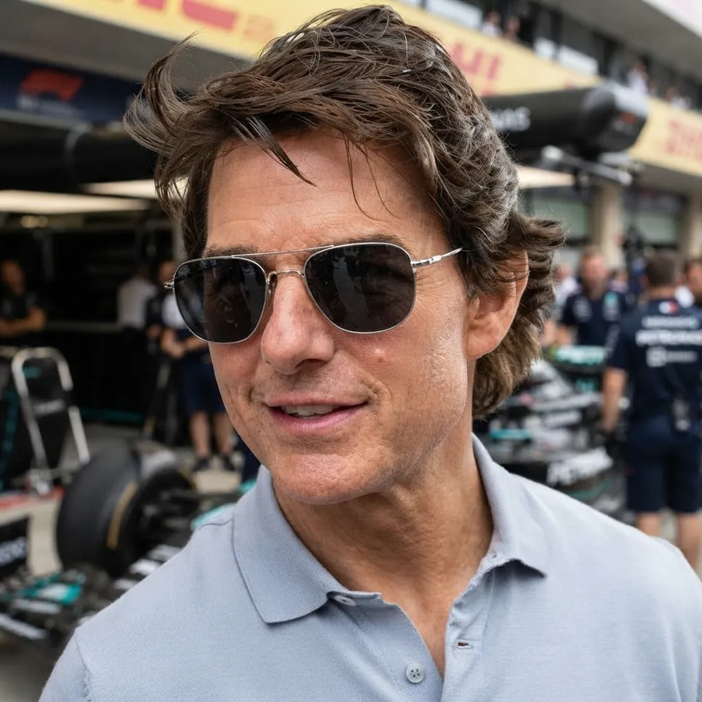 Tom Cruise wearing aviator sunglasses and a grey polo shirt in an F1 paddock setting