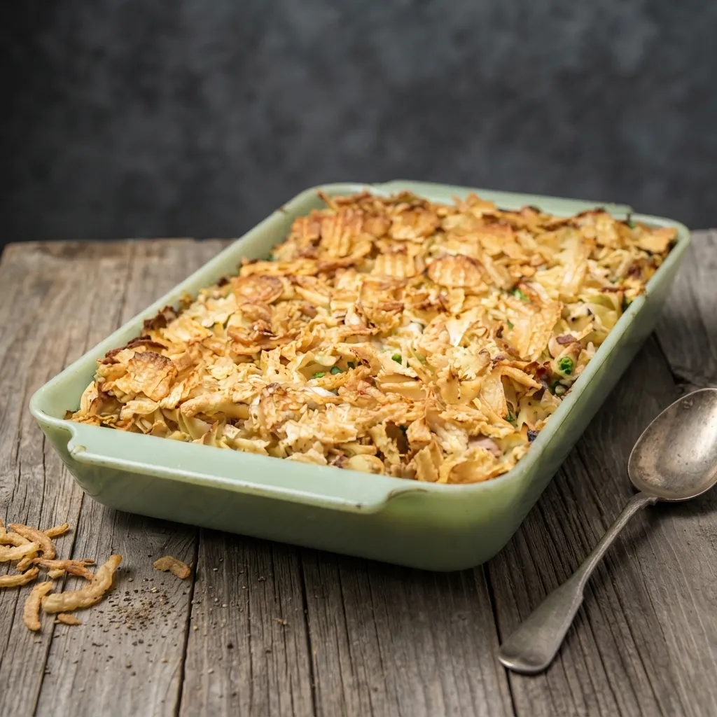 Baked tuna noodle casserole topped with crispy crushed potato chips in a green ceramic baking dish