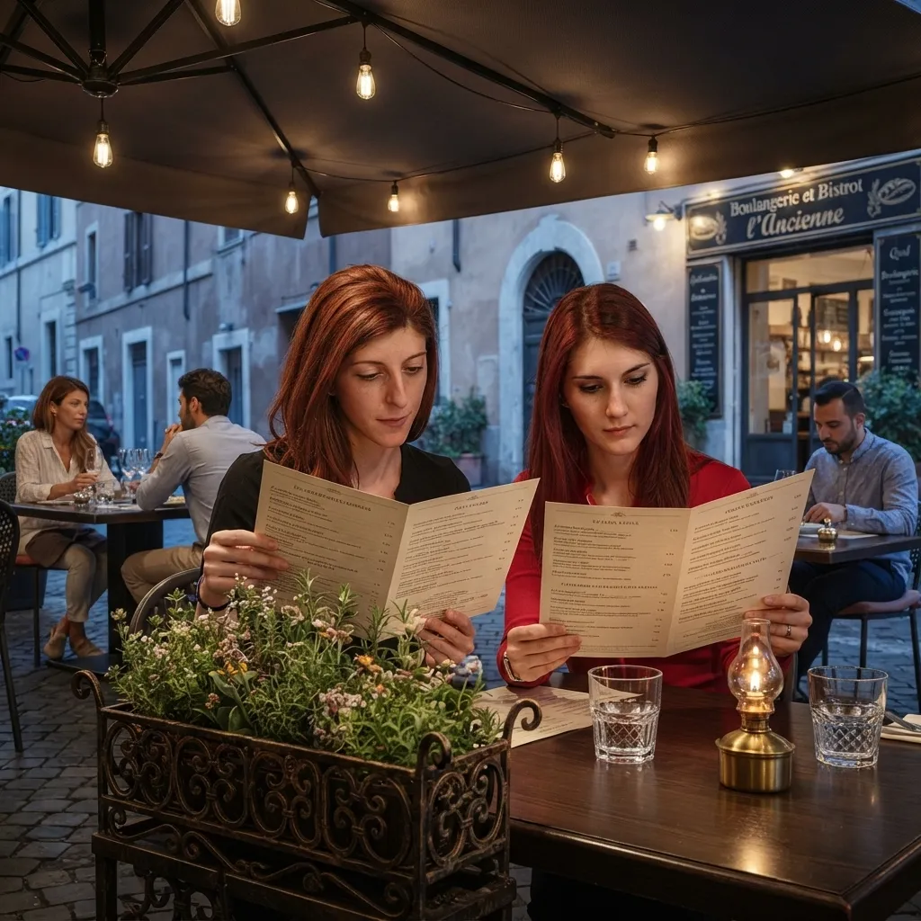Two women sitting at an outdoor restaurant table at dusk, reading menus by the warm glow of a small table lamp, with a flower box in the foreground and other diners seated in the background.