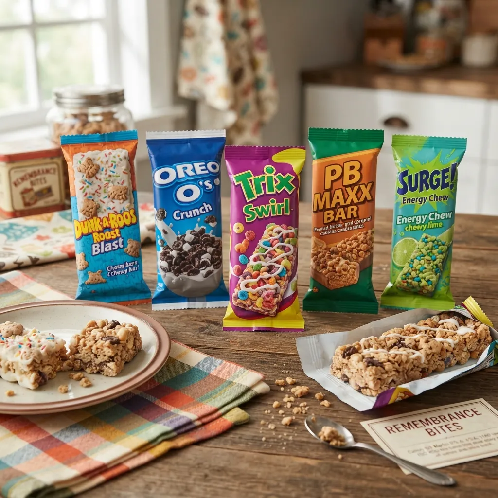 An assortment of nostalgic snack and cereal bars including Dunk-a-Roos, Oreo O's, Trix Swirl, and PB Max on a kitchen table.