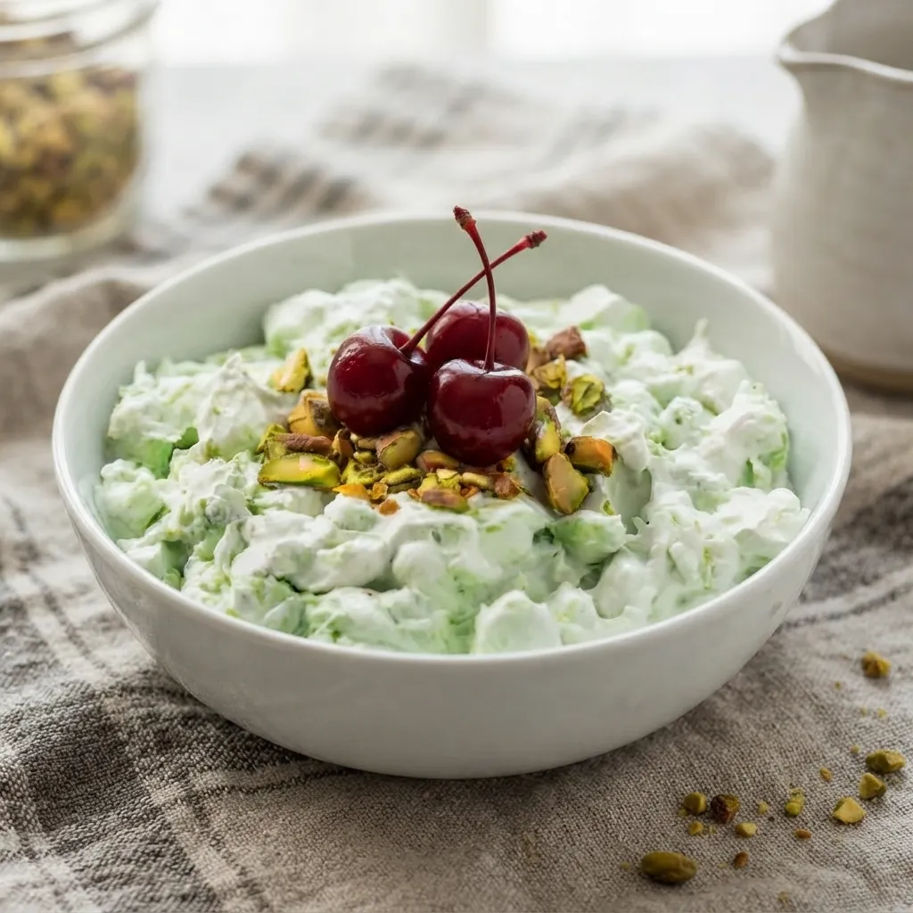 Green pistachio fluff salad in a white bowl topped with crushed pistachios and fresh cherries with stems