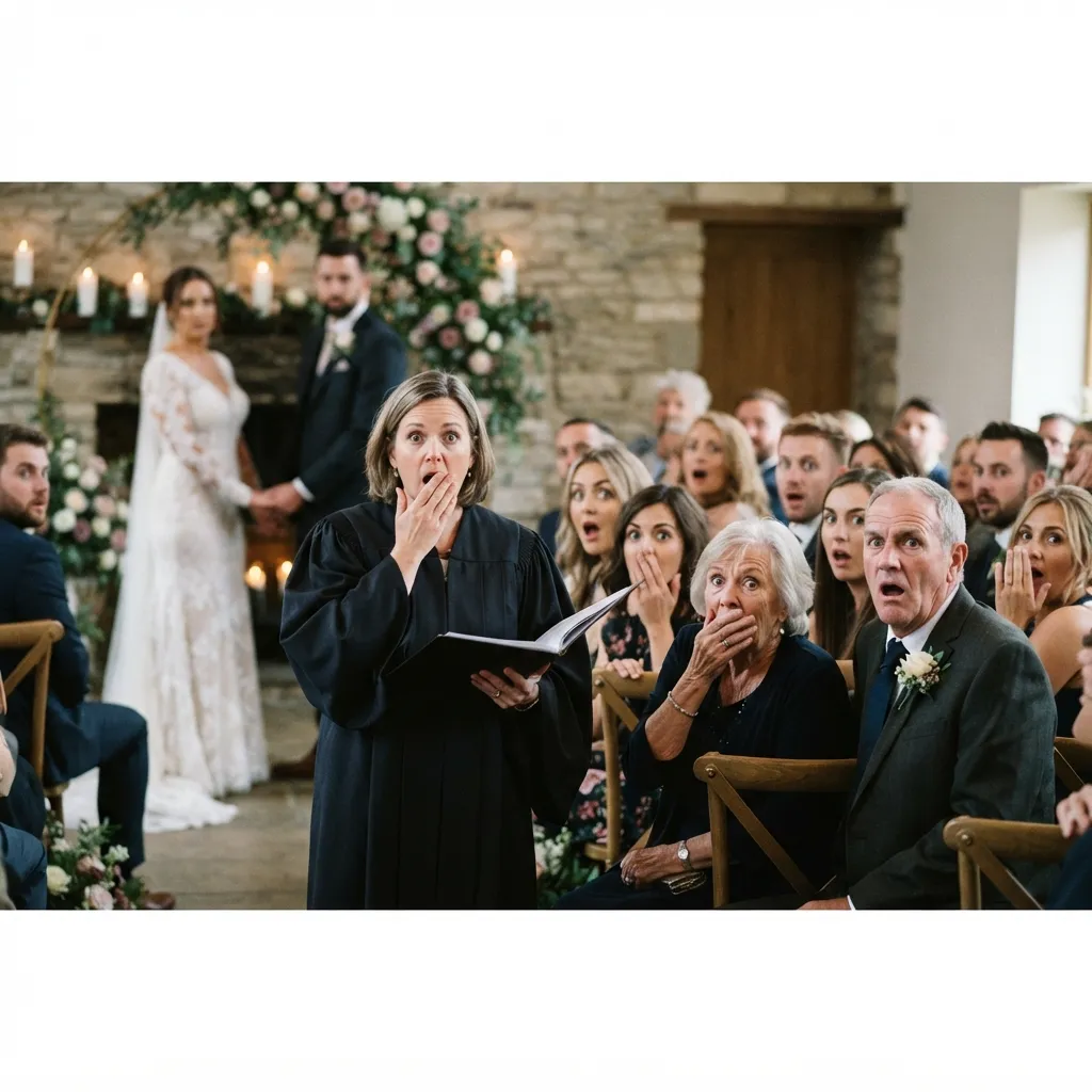 A wedding officiant and shocked guests looking forward with wide eyes and hands covering their mouths in surprise during a ceremony