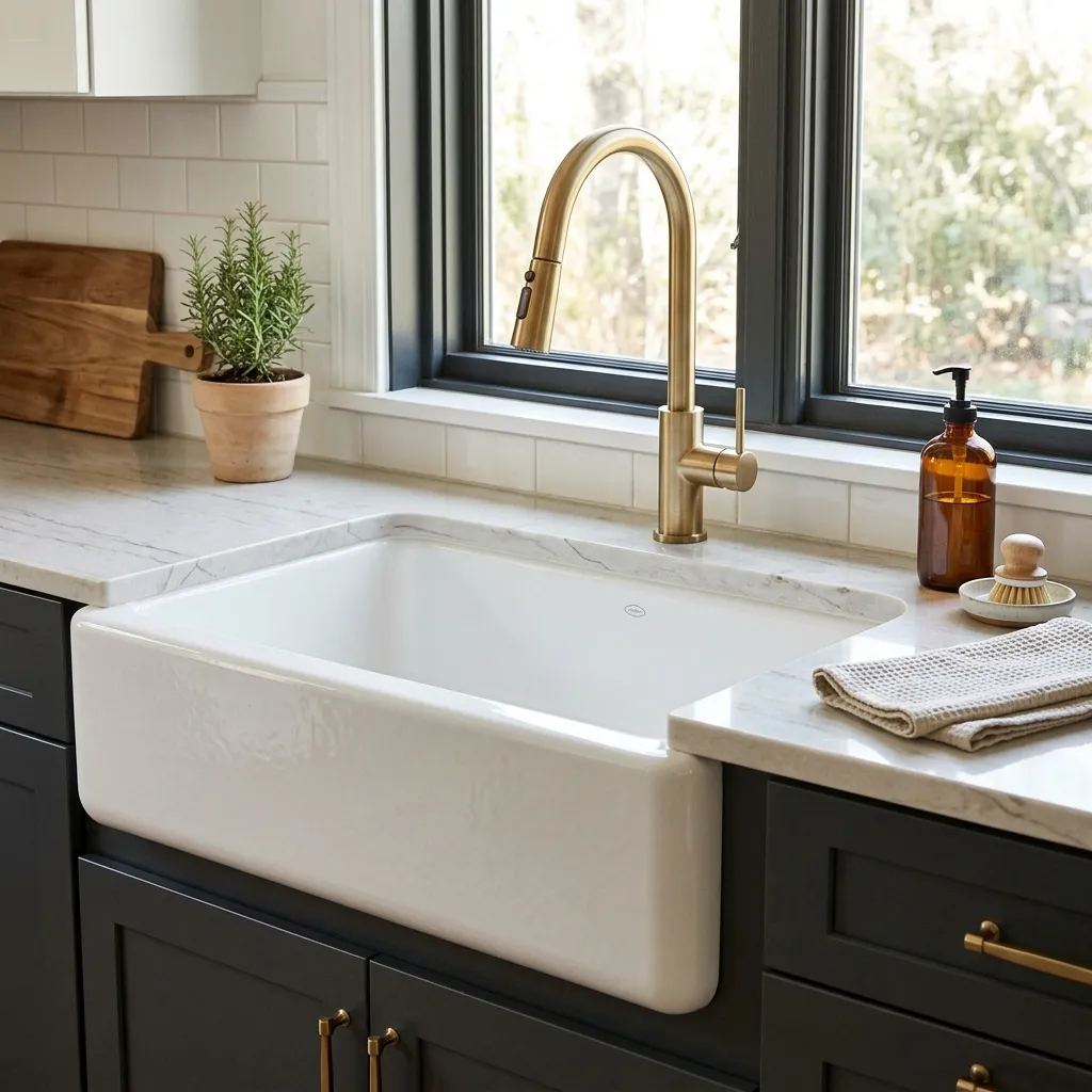 White apron-front farmhouse sink with a gooseneck brushed brass faucet on marble countertops.
