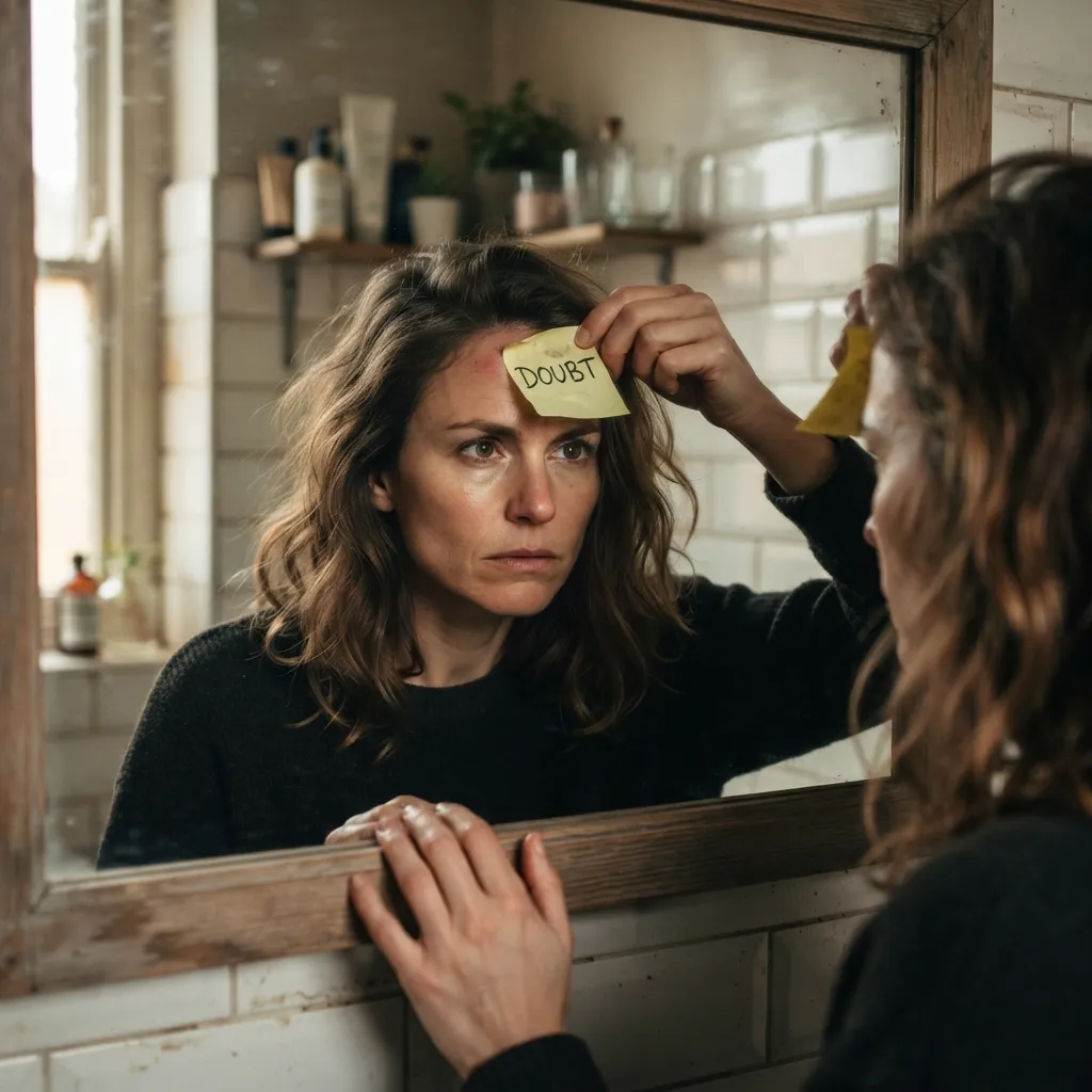 A woman looking into a bathroom mirror while peeling a yellow sticky note with the word 'DOUBT' written on it off her forehead