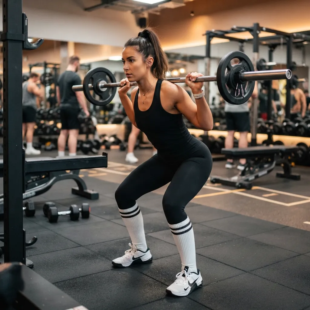 Woman performing barbell back squats in a gym wearing a black athletic tank top, leggings, and high striped socks.