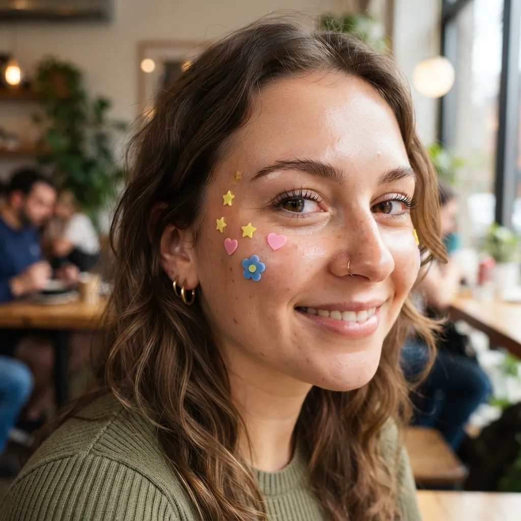 Close-up portrait of a smiling woman in a cafe wearing decorative star, heart, and flower-shaped pimple patches on her cheek.