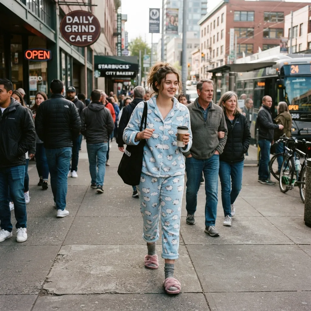 Young woman walking down a busy city street in blue sheep-print pajamas and fluffy slippers while carrying a coffee cup.