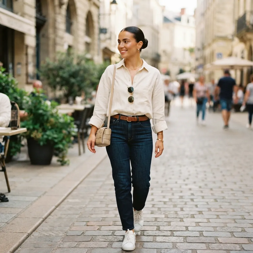 Woman with a slicked-back bun walking down a European cobblestone street wearing a beige button-down shirt, dark jeans, and sneakers.